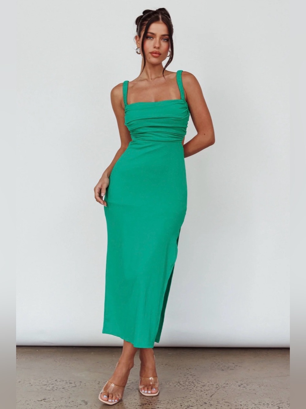 NWT Selfie Leslie Green Square-Neck Ribbed Midi Dress with Side Slit
